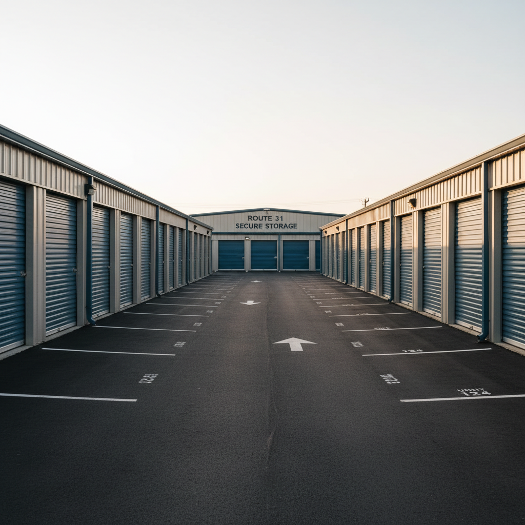 A spacious drive-up self-storage lane at Route 31 Secure Storage, showing two parallel rows of uniform storage units stretching into the distance, creating strong leading lines. Each unit has pristine metal roll-up doors in consistent colors, with clearly painted white directional arrows and numbered parking guides on smooth asphalt. Motion-sensor LED lights are mounted under clean metal awnings, not illuminated but clearly visible. Late afternoon natural light produces a warm, realistic glow on the surfaces and long but soft shadows down the lane. Photographed from a slightly elevated angle with sharp focus throughout, the scene feels organized, safe, and highly accessible, perfect for illustrating convenient drive-up access and professional site maintenance.