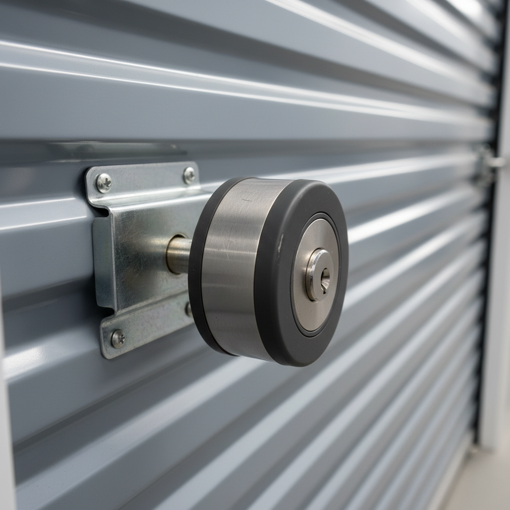 A close-up, photographic view of a heavy-duty storage unit door lock system on a clean, corrugated steel roll-up door. The focus is on a thick, weather-resistant disc padlock secured through a polished metal latch, with subtle signs of use but no rust. The surrounding door surface shows fine linear texture and a muted gray-blue paint. Soft overcast daylight provides even, shadowless illumination, enhancing every tiny detail without harsh glare. The background falls into gentle blur, hinting at additional doors along a corridor. Shot with a shallow depth of field at a slight angle, the mood is secure, professional, and trustworthy, ideal for conveying high-level security features of a modern self-storage facility.